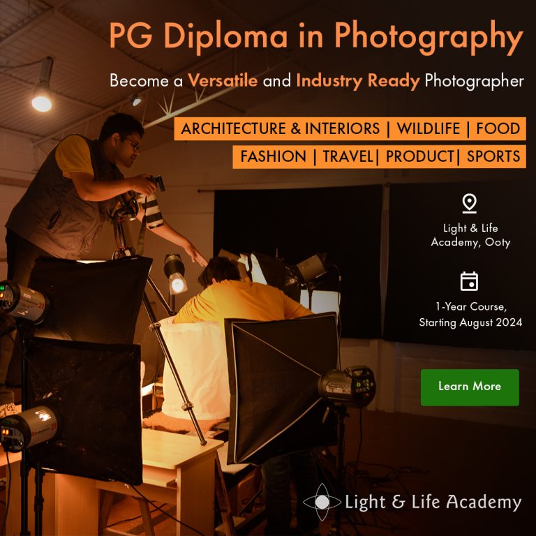 Light & Life Academy ad creative — studio shoot, PG Diploma in Photography