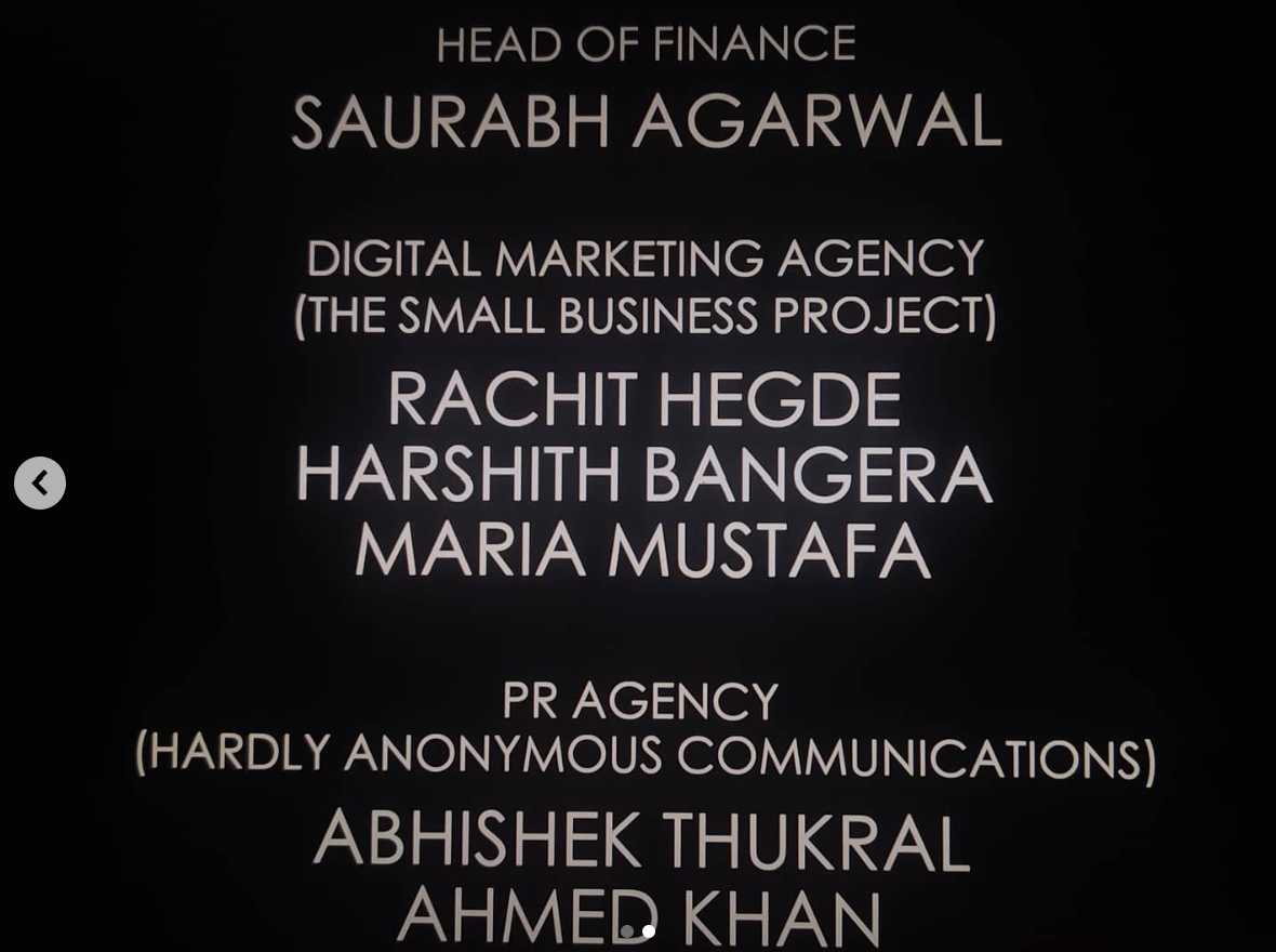 Credits screen from Vir Das: Outside In listing The Small Business Project as the digital marketing agency